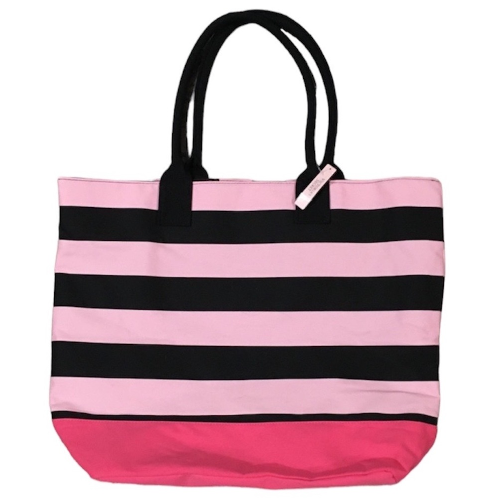 Victoria’s Secret Pink Black Stripe Canvas Adorable Tote Beach Weekender BNWT - Picture 4 of 7